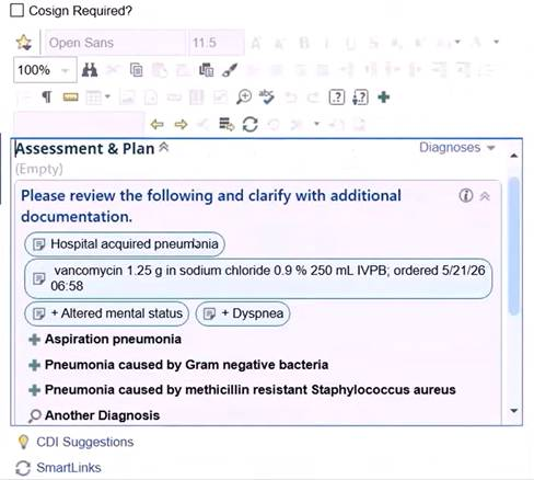 Epic Diagnosis Aware Notes workflow presenting linked clinical evidence and diagnosis options within Assessment and Plan