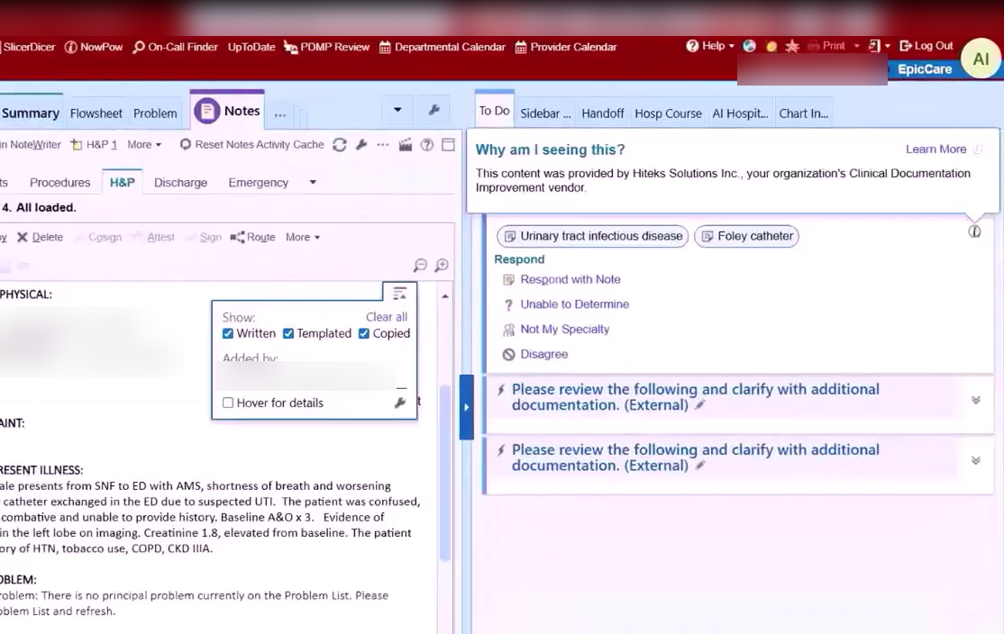 HITEKS documentation intelligence displayed natively beside an Epic clinical note