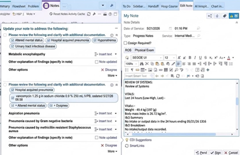 Epic NoteReader showing physician documentation options and linked clinical evidence beside the active note